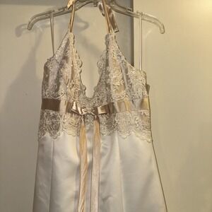 NWT 14 Jessica McClintock Dress Wedding Beige Blush‎ Halter Lace Silk Bridal USA